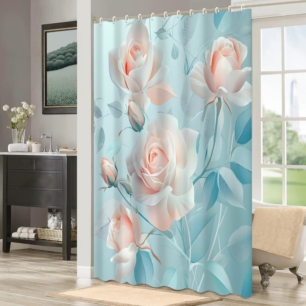 Luxury Waterproof Shower Curtain Floral Roses Pink and Blue Tropical Botanical Print Bathroom Home Decor Liners