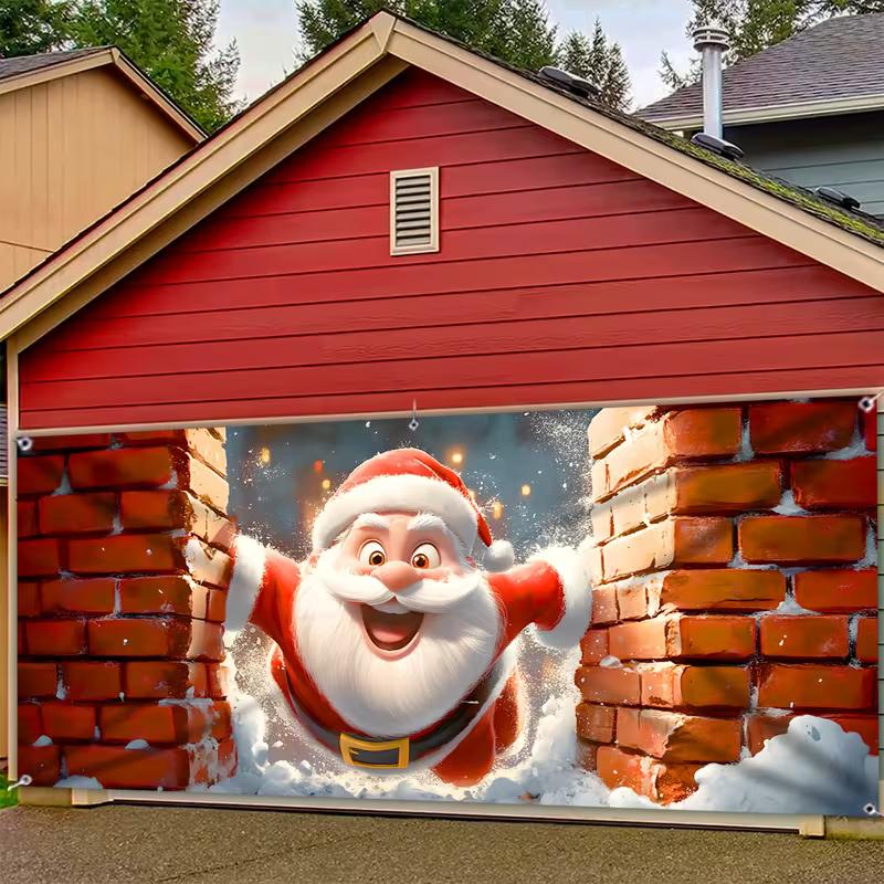2D Funny Santa Claus Coming Out of Chimney Garage Door Backdrop