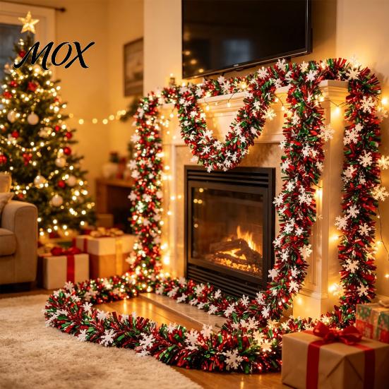 Artificial Christmas Tree Wrap 78 Inch Green Red Garland, Metallic Tinsel Twist Hanging Garland with Holiday Decoration Supplies Snowflake for