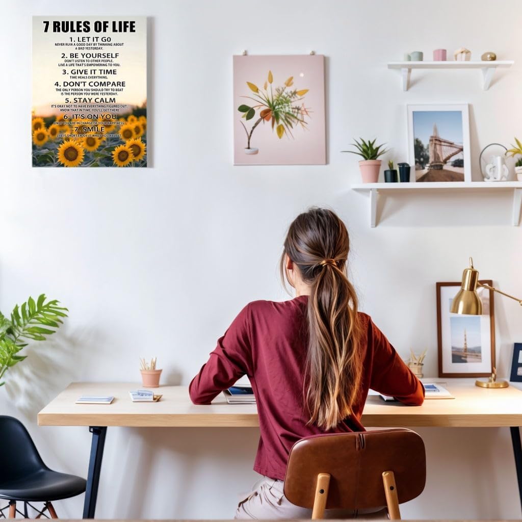 Motivational Wall Decor for Office & Classroom - 7 Rules of Life Pirational Positive Affirmations Wall Art, Sunflowers Uplifting Quotes Canvas