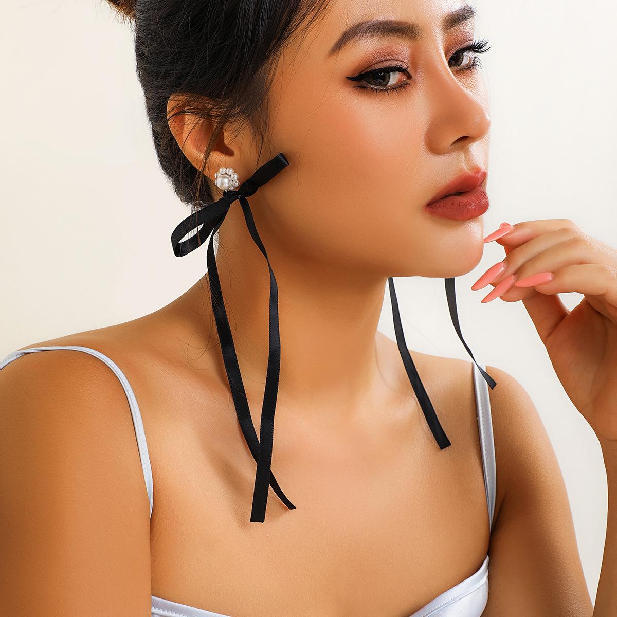 

JMXD-преувеличенные тканевые серьги с бахромой, персонализированные серьги-гвоздики с лентой-бантом, искусственным жемчугом и кристаллами, женские украшения Ribbon