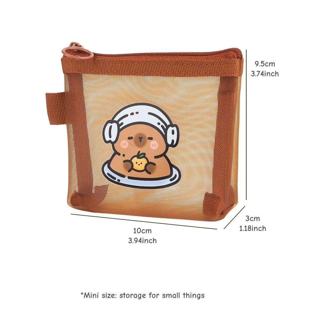 Mini Capybara Mesh Pencil Storage Bag Portable Transparent Pouch for Pens Erasers Cartoon Design Simple Pocket Organizer A7777