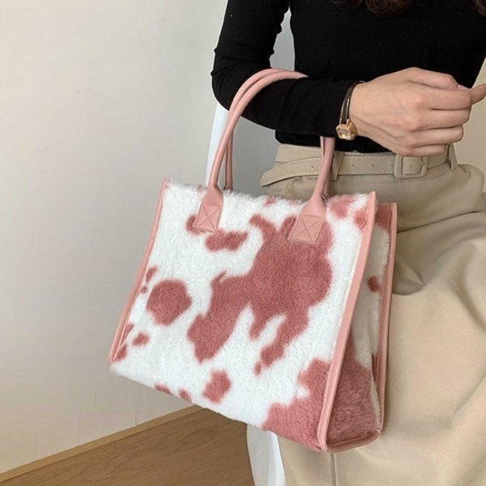 Cow Print Soft Shopper Tote Versatile Large Capacity Handbag Classic Plush Tote Bag Travel