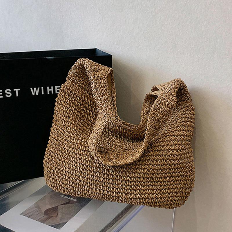 Yogodlns New Grass Women Travel Beach Bags Single Handle Shoulder Bags Grass Large Capacity Tote Bag Hand Woven Bag for Women