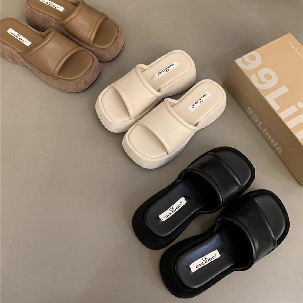 Small Person Increases Height, Thick-soled Cool Slippers, Women's Shoes Wear Summer Muffin Soles, Sandals Are Versatile, and Black One-word Drag Shoe