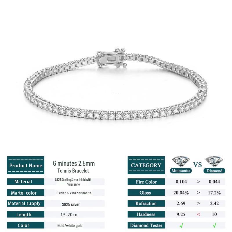 Moissanite 2.5mm Tennis Bracelet for Girls: Thin 925 Silver Luxury Chain