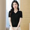SNOWFLYING Women's V-neck Jacquard Knit Short Sleeve T-shirt
