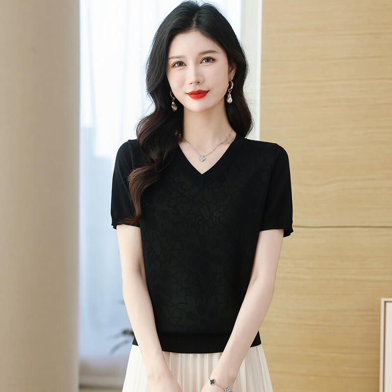 SNOWFLYING Women's V-neck Jacquard Knit Short Sleeve T-shirt