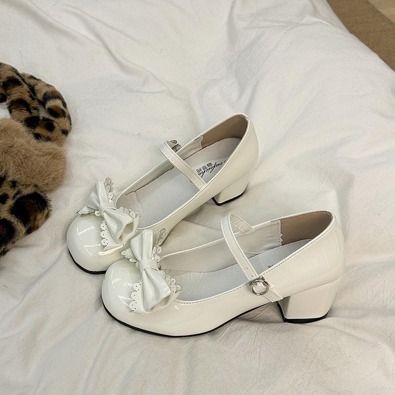 Fashion Women Lolita Shoes Bow Sweet Party Dress Shoes Style Cute Round Head Jane Pumps Midi Heels Fashion High Heels Zapatos De Mujer