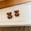 Checkered Bow Plush Bear Earrings New American College Style Coffee Colored High-End Unique Earrings Cute Plush Gril Earrings