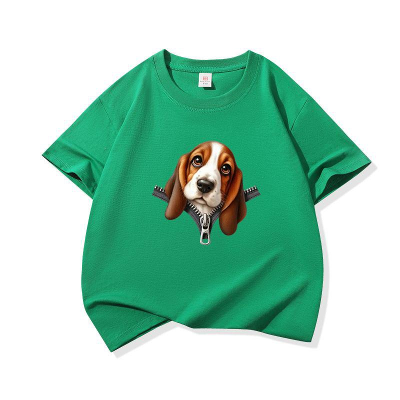 Kids Cotton T Shirt Cute Basset Hound Dog Zipper Print Crew Neck Short Sleeve Tee Casual Breathable Boys Girls Summer Tops