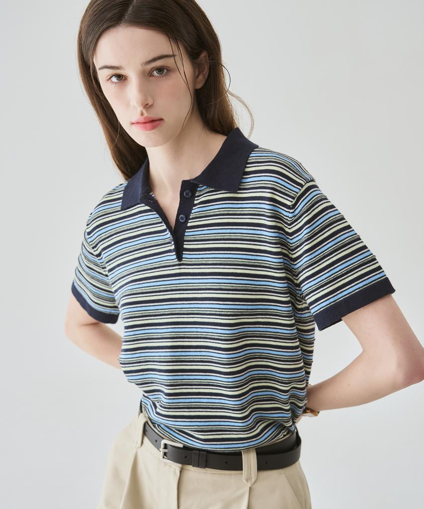 Deuloupisumeon Cotton Striped Short Sleeve Collared Knit [Ivory]