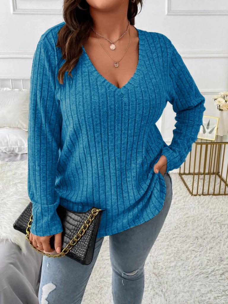 Women's V-neck Long-sleeved Ribbed Brushed T-shirt Loose Pullover Sweater