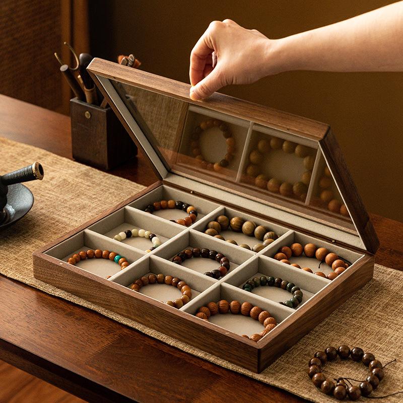 Multi-Compartment Wooden Storage Box with Lid for Collector's Bracelets, Large Capacity Clear Top Curio Organizer