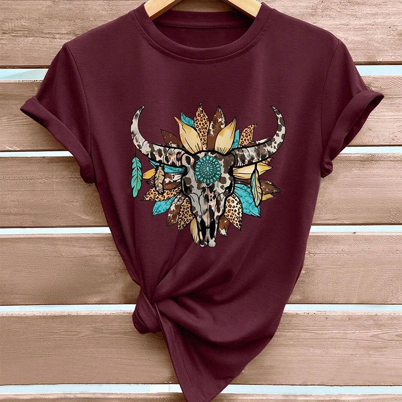 Móda Ženy Zvíře Kráva Kostra Květinový Potisk Tričko Vtipné Ležérní O-výstřih Krátký Rukáv Tričko Léto Dámské Tričko