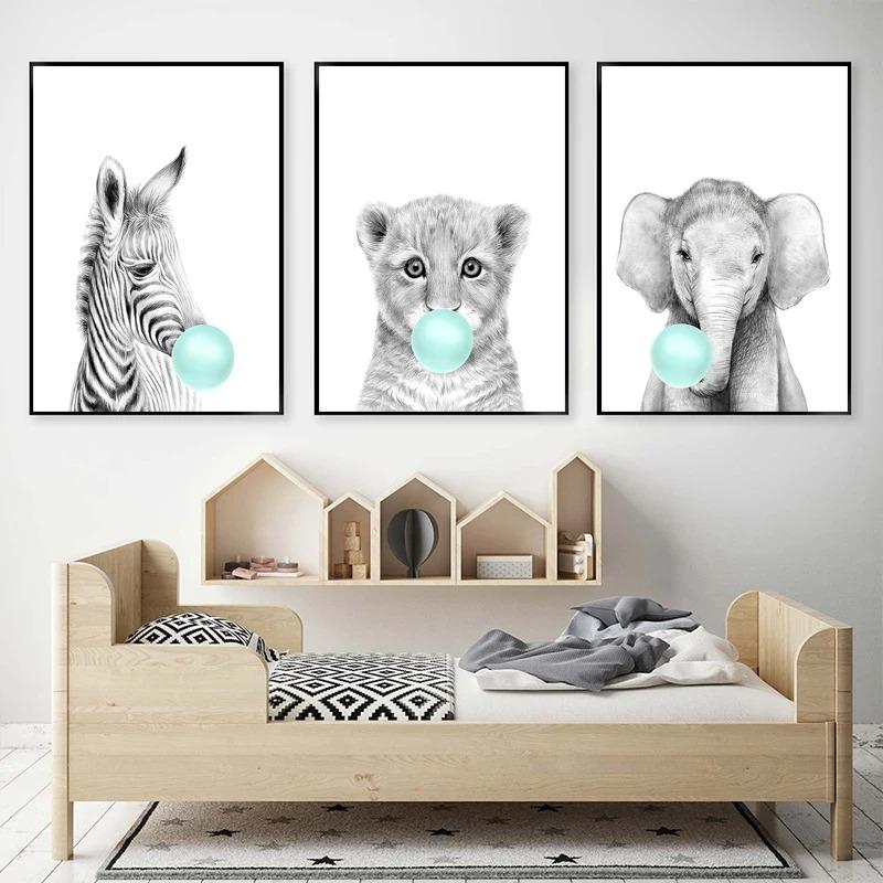 Nordic Kids Room Teal Bubble Elephant Giraffe Child Animal Minimalist Wall Art Print Canvas Painting Posters for Home Decor