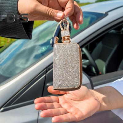 Faux Leather Car Key Case Mini Portable Glitter Men Women Car Key Bag Keychain Remote Key Fob Holder Zipper Bag Protector Pouch