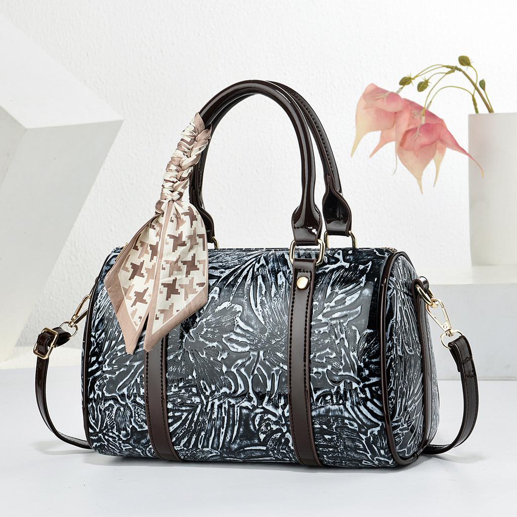 Fashionable Large Capacity Boston Women's Bags Retro Print Commuter Tote Bag Single Shoulder Crossbody Bag PU Material Handbag