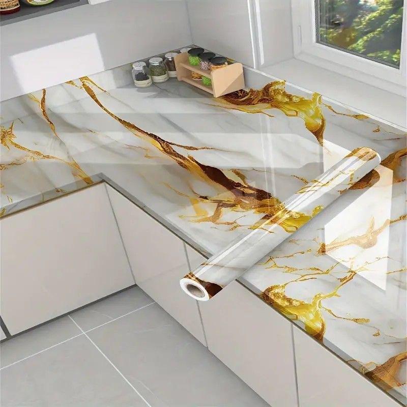 Yellow Imitation Marble Pattern DIY Self-adhesive Wallpaper Kitchen Stove Oil Resistant Sticker Waterproof Oil Resistant Sticker