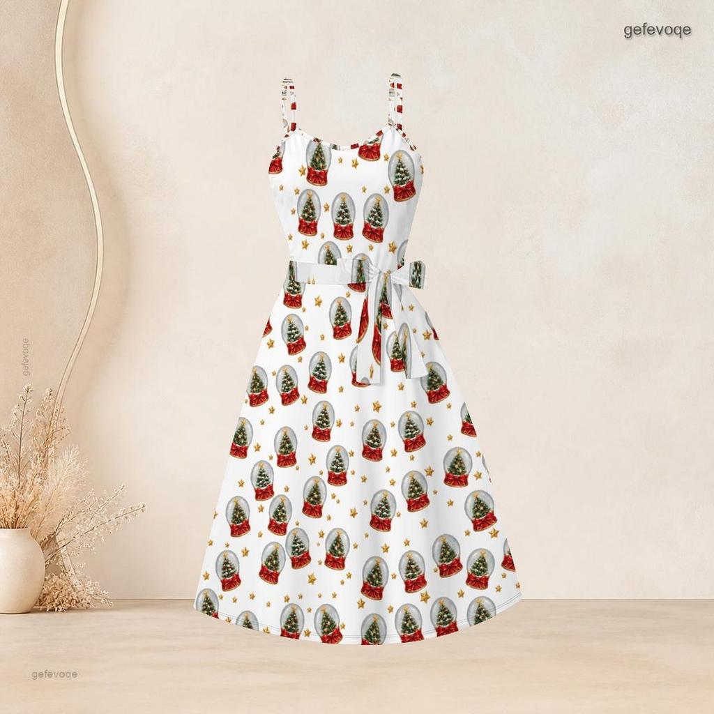 Women Plus Size Two Piece Set Long Sleeve Cropped Shrug Strappy Tie Waist Christmas Bear Printed White Dress