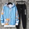 2 Pcs/Set Men Coat Pants Suit Hooded Letter Print Drawstring Zipper Closure Loose Elastic Waist Hip Hop Ankle-banded Men Sportwear
