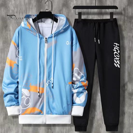 2 Pcs/Set Men Coat Pants Suit Hooded Letter Print Drawstring Zipper Closure Loose Elastic Waist Hip Hop Ankle-banded Men Sportwear
