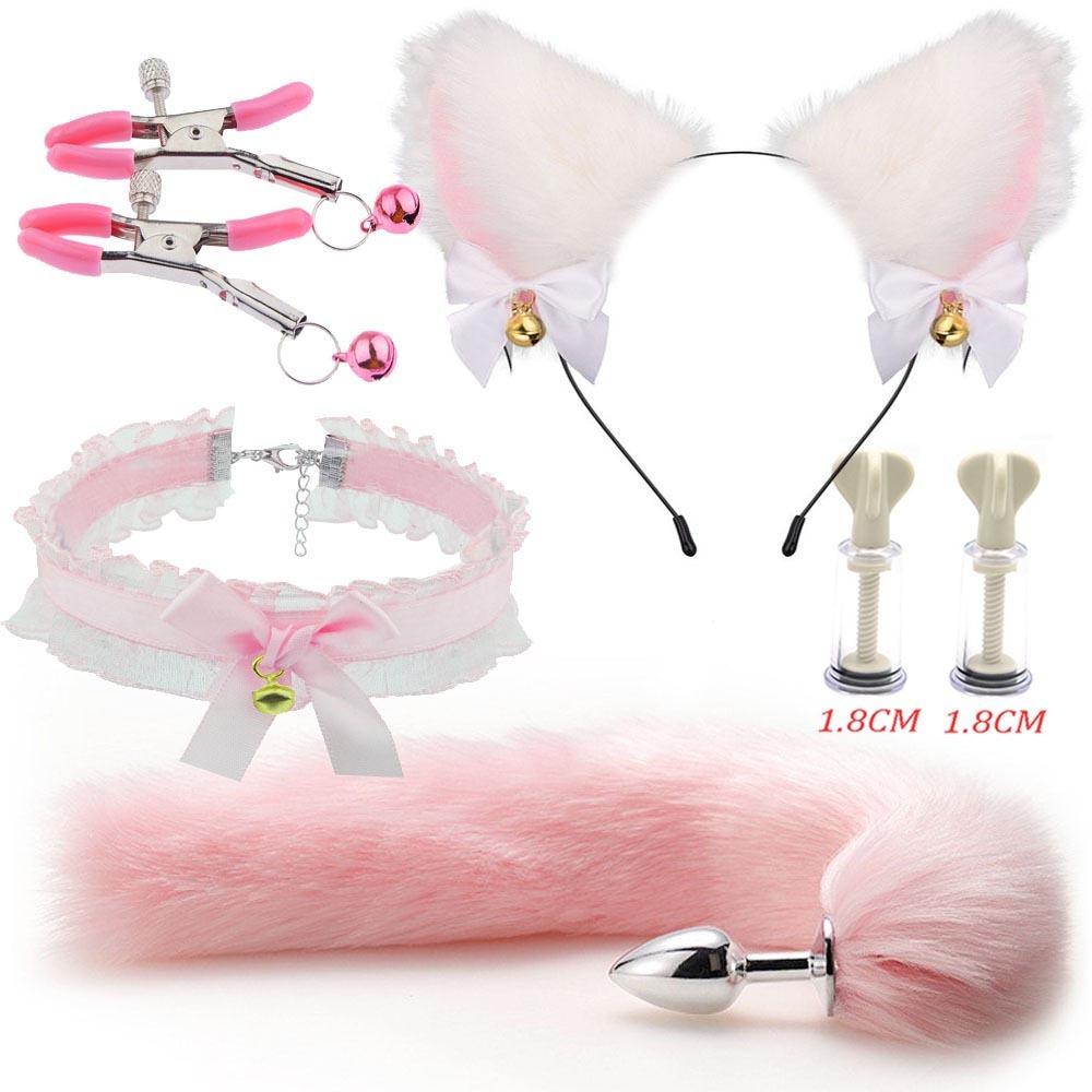 SM Erotic Cosplay Cute Fox Tail Anal Plug Bow-Knot Soft Cat Ears Headbands Collar Couples Accessories Sex Toys For Female Male