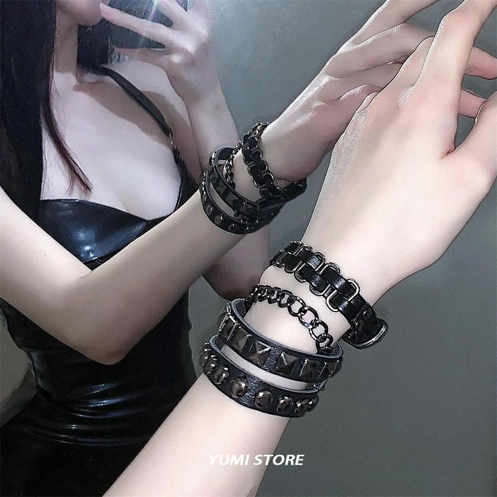 Nieuwe Punk Donkere PU Armband Voor Vrouwen Mannen Hip Hop Rock Ketting Meerlaagse Armband Trend Retro Gotische Sieraden Danser Accessoires