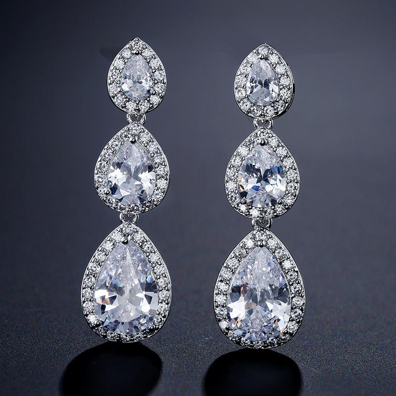 ZAKOL Classic 3 Pcs Big Water Drop Zircon Long Dangle Earrings for Women Elegant Wedding Party Zircon