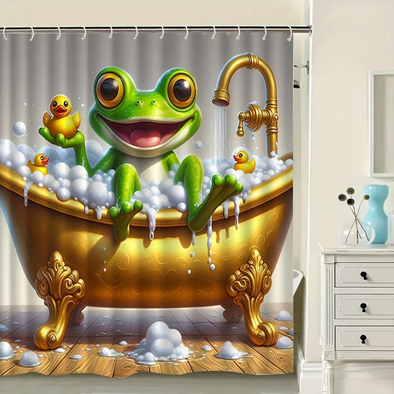 Funny Frog Shower Curtain Bathtub With Rubber Ducks Bath Time Art Kids Decor Waterproof Fabric Bathroom Curtain Set Home