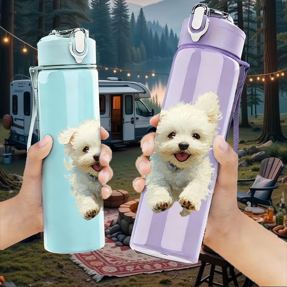 1PC Tiny White Fluffy Puppy Animal Print 750ml Color Plastic Sports Water Bottle Leakproof Flip Straw Lid Suitable for Sports Office Home Use