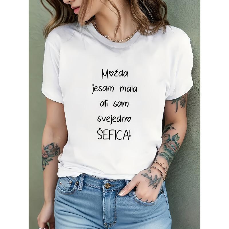 Women S Mo?Da Jesam Mala Fun Text Print T-Shirt, White Round Neck Top, Bosnian Heart Print Short Sleeve, Individual Street Style Casual Top, S белый