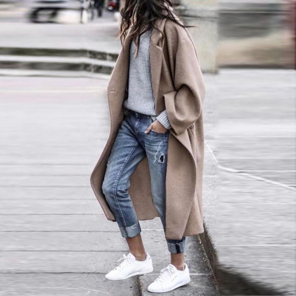 Fall Winter Women's Long Solid Color Wool Coat Casual Warm Thickened Overcoat Outerwear for Women European American Style