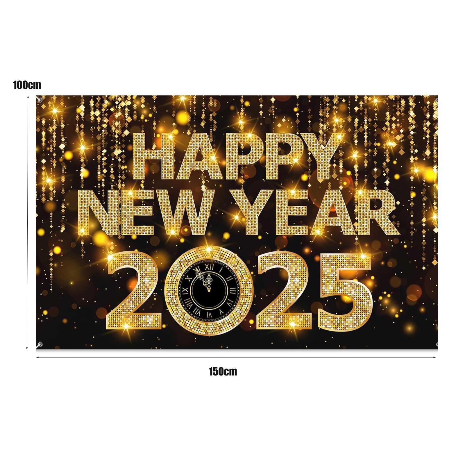 

2025 Happy New Year Eve Background Fireworks Clock Theme 150x110cm Cloth Banner Christmas 2025 New Year Party Home Decoration
