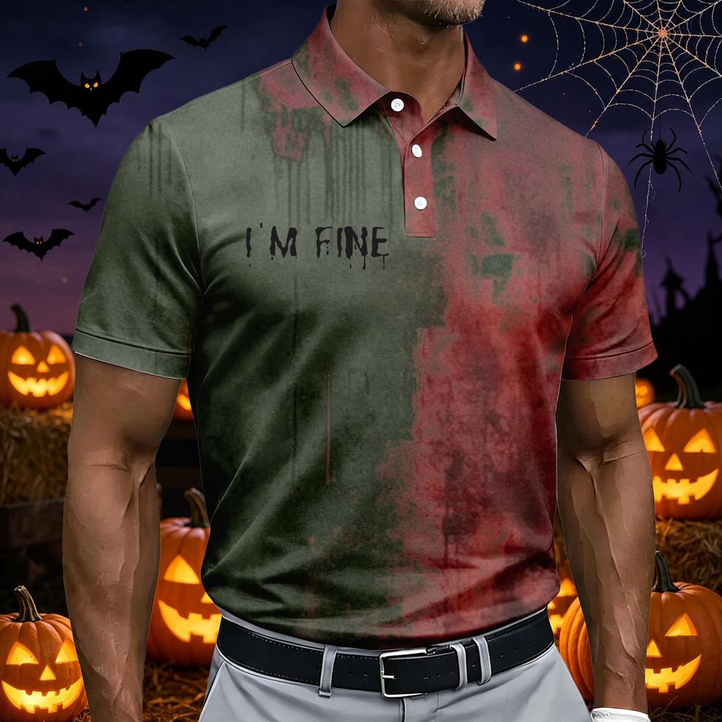 Men's Casual Short Sleeve Polo Shirt Halloween Print Breathable Lightweight Button Down Collar Summer Top