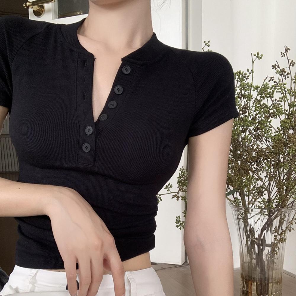 V Neck Button T Shirt Basic Short Sleeve Crop Top Women T-shirt Casual Tank Top Slim Female Crop Top Fashion Girl Tee Shirt Y2k Streetwear