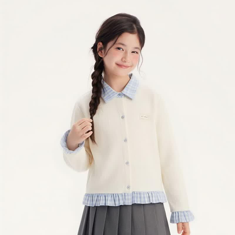 Girls' Academy Style Plaid Patchwork Knit Cardigan