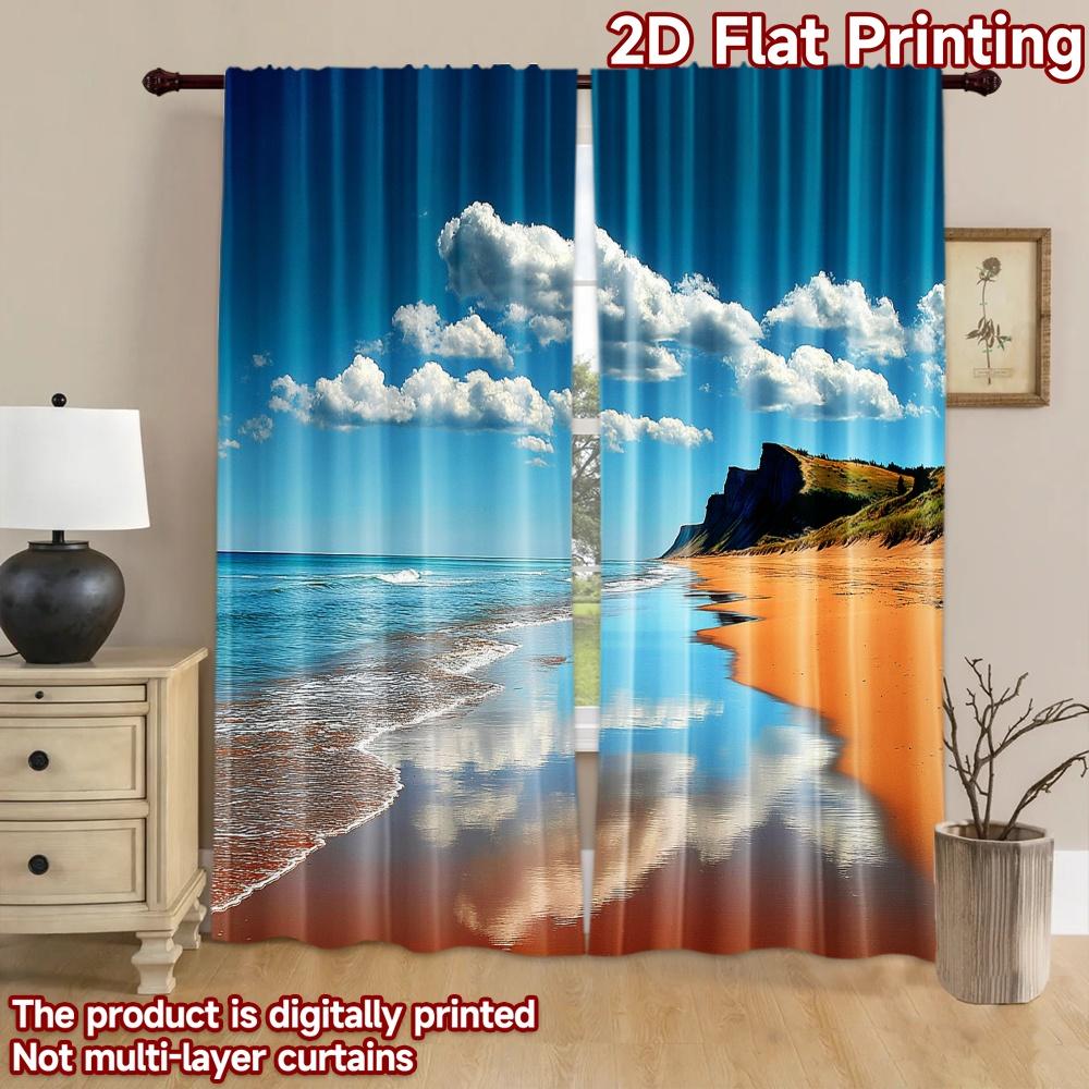 2D flat printing 2pcs Party Window Curtains Beach Cliffs Ocean Waves Cloudy Sky Digital Printed Polyester Drapes Festive Wall
