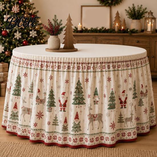 Elastic Edge Table Skirt Christmas Skirt Santa Claus Elk Prints Edge Dining Decor Xmas Party Decorations Elf Tree Festive for Home Holiday