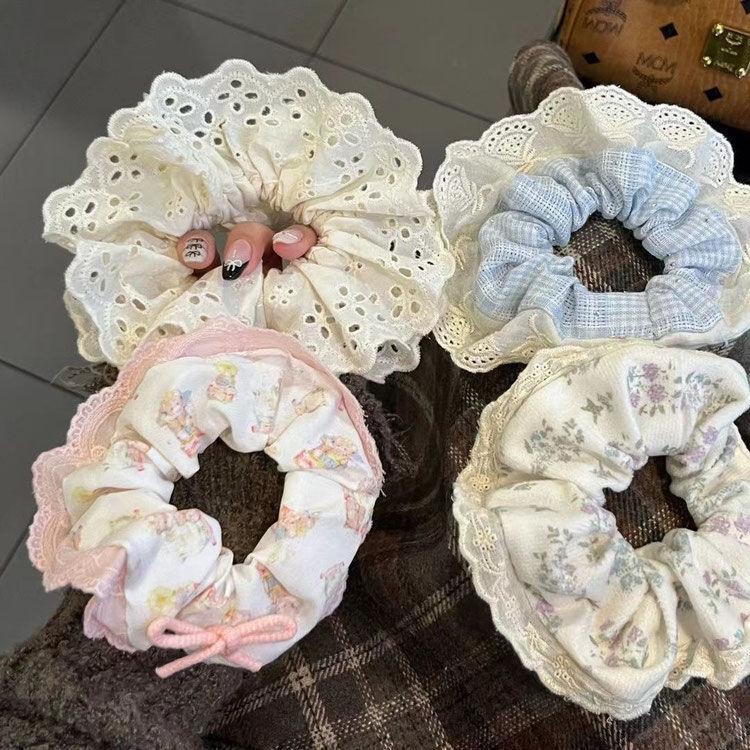 Korean Gingham Ballet Hair Tie - Cute Creamy Style Hair Rope with Lace Edge