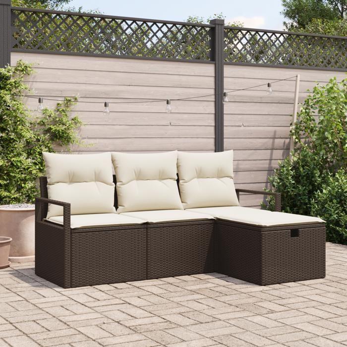 Ensemble de canapé de jardin 4 pièces avec coussins en rotin poly marron, Canapé de jardin 2 places avec rangement 3360479
