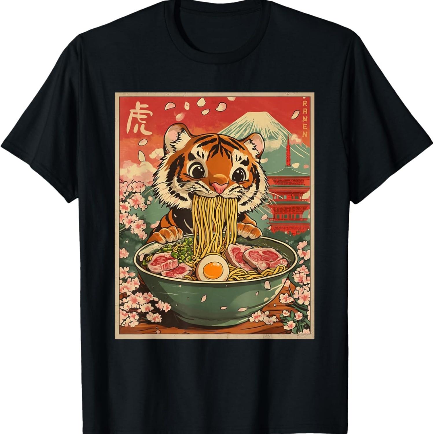 Tiger Eating Ramen Japan Cherry Blossom Kawaii Retro Anime T-Shirt S чёрный