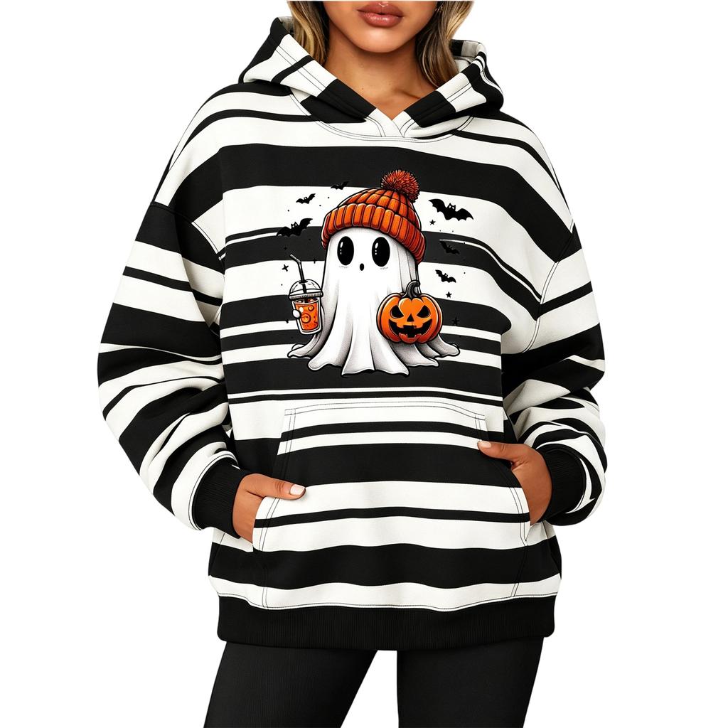 Women's Fashion Striped Print Long Sleeve Pullover Hoodie with Pockets for Halloween