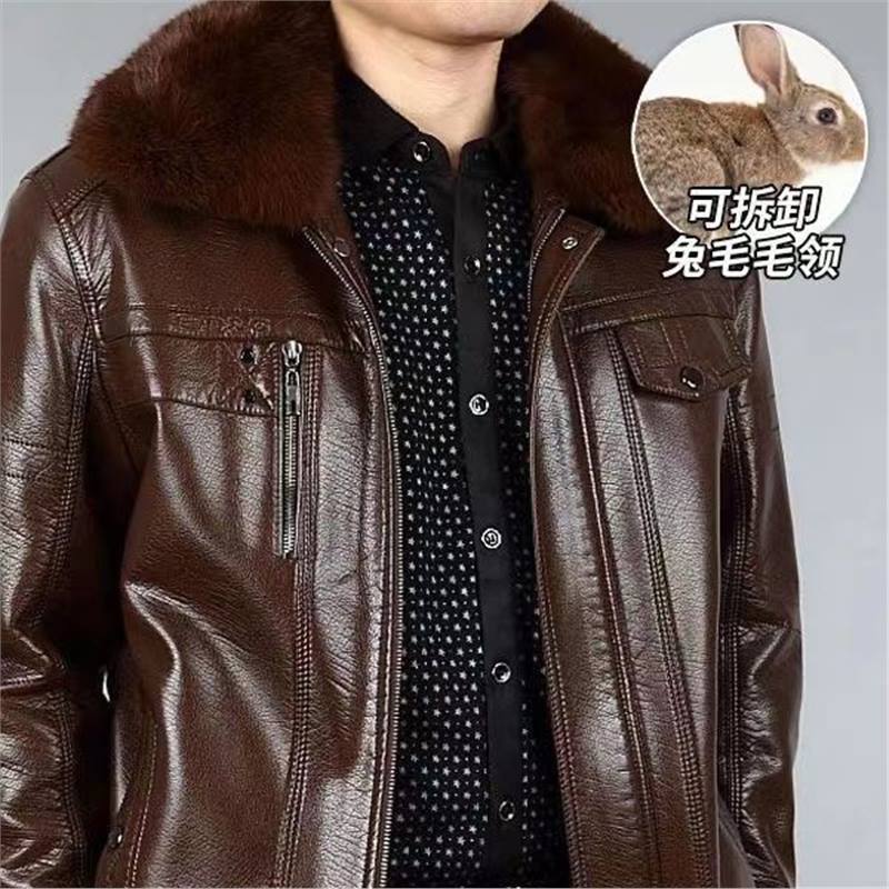 Autumn and winter velvet thickened men's leather jacket middle-aged and elderly loose large size leather jacket dad casual leather top