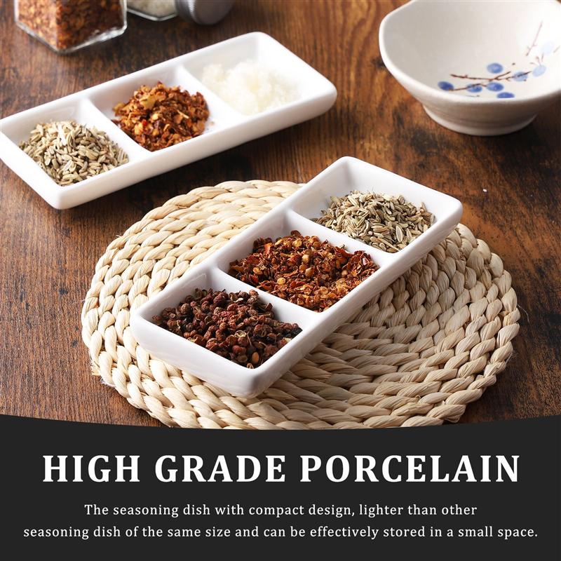 2pcs 6 Inch Pure White Ceramic 3-Compartment Appetizer Serving Tray Rectangular Divided Sauce Dishes for Spice Dish Soy Sauce