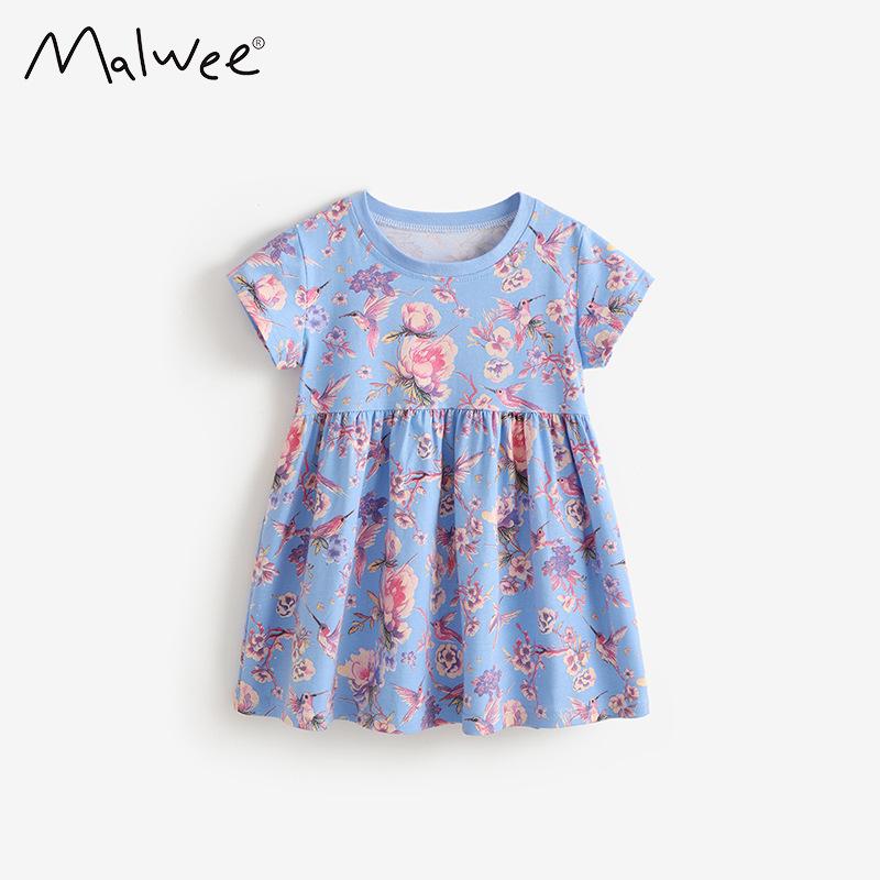 Стильное летнее платье Malwee для девочек - Круглый вырез, С принтом, Короткий рукав, Модный дизайн принцессы для детей Size 120