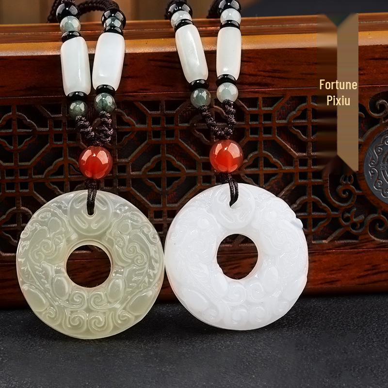 Blue Jade Pendant Necklace with White Jade Pixiu for Men & Women, Sweater Chain Cotton Linen Gift