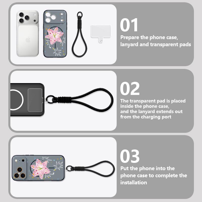 Pink Lily Flower Print Hand Strap Case For iPhone 17 Pro Max Hybrid TPU+PC Magnetic For Magsafe Matte Cover For iPhone 16 15 14 13 Pro Max
