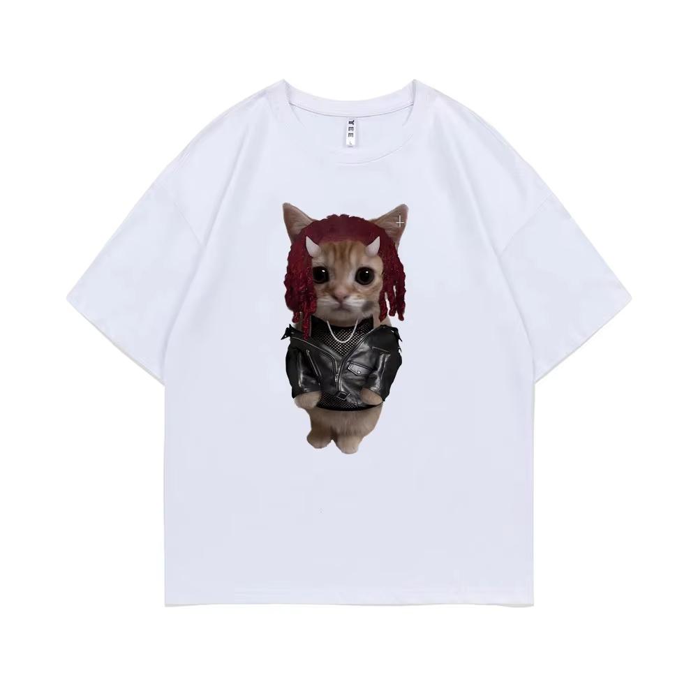 

Creative Rapper Cat Printed Pure Cotton T-shirt Men and Women with The Same Round Neck Cotton Short-sleeved T-shirt 4XL
