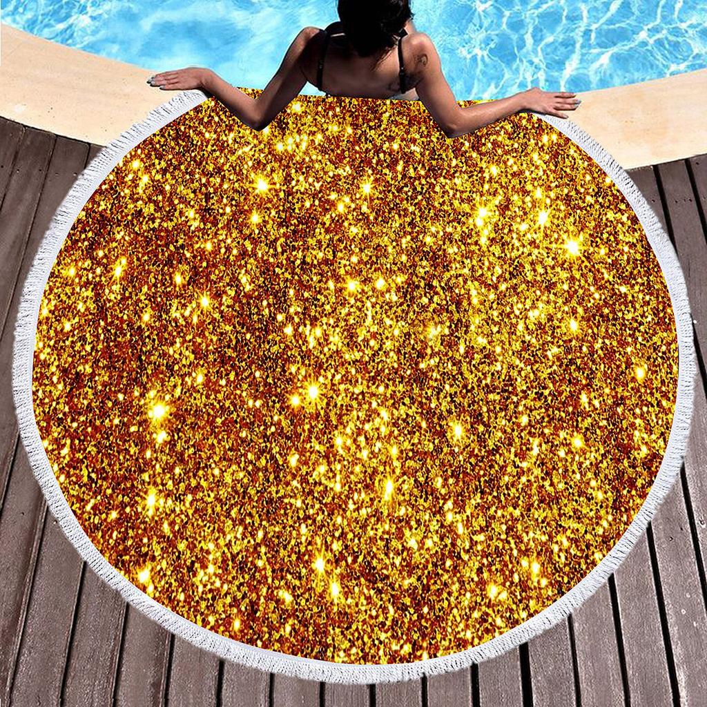 Luxury Gold Vintage Floral Round Beach Towel with Tassels, Microfiber Quick Dry Beach Blanket Absorbent Meditation Rug Yoga Mat